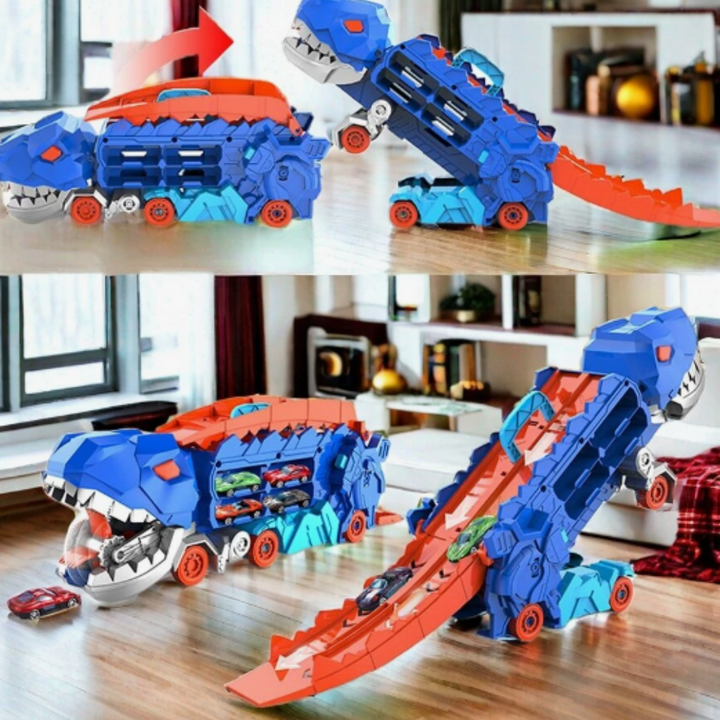 Blauer Dinosaurier-Spielzeugtransporter, multifunktional, mit Autos, für Kinderzimmer.