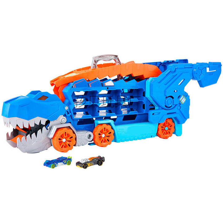 Blauer Dinosaurier-Spielzeugtransporter mit Autos, Kinderfahrzeug, Kunststoff, orange Akzente