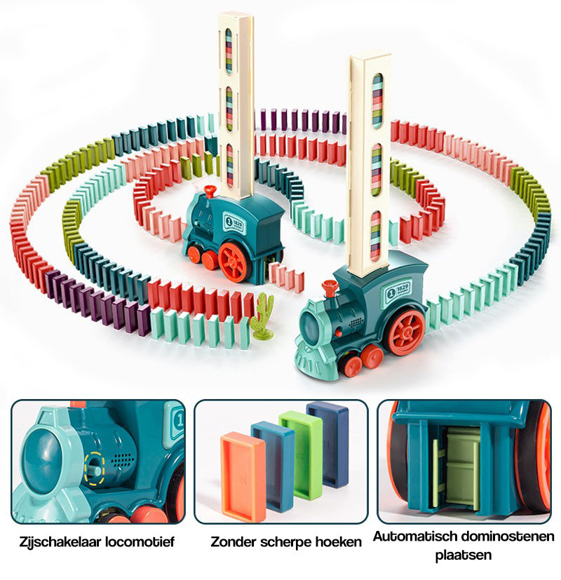 Bunter Domino-Zugspielzeug, automatisches Aufstellen, kindersicher, Kunststoff, Lernspielzeug.
