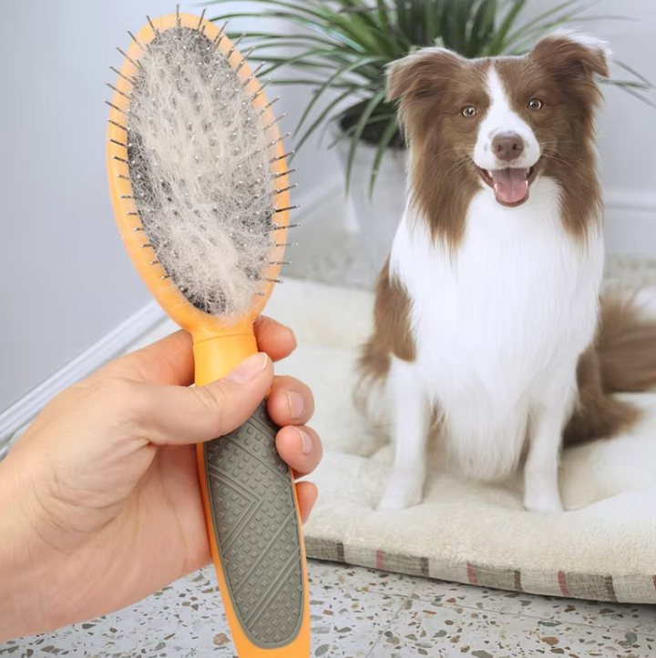 "Doppelseitige Haustierbürste, weiche Borsten, Metallpins, sanfte Fellpflege für Hunde und Katzen, ergonomischer Griff"