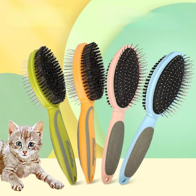 "Doppelseitige Haustierbürste, weiche Borsten, Metallpins, sanfte Fellpflege für Hunde und Katzen, ergonomischer Griff"