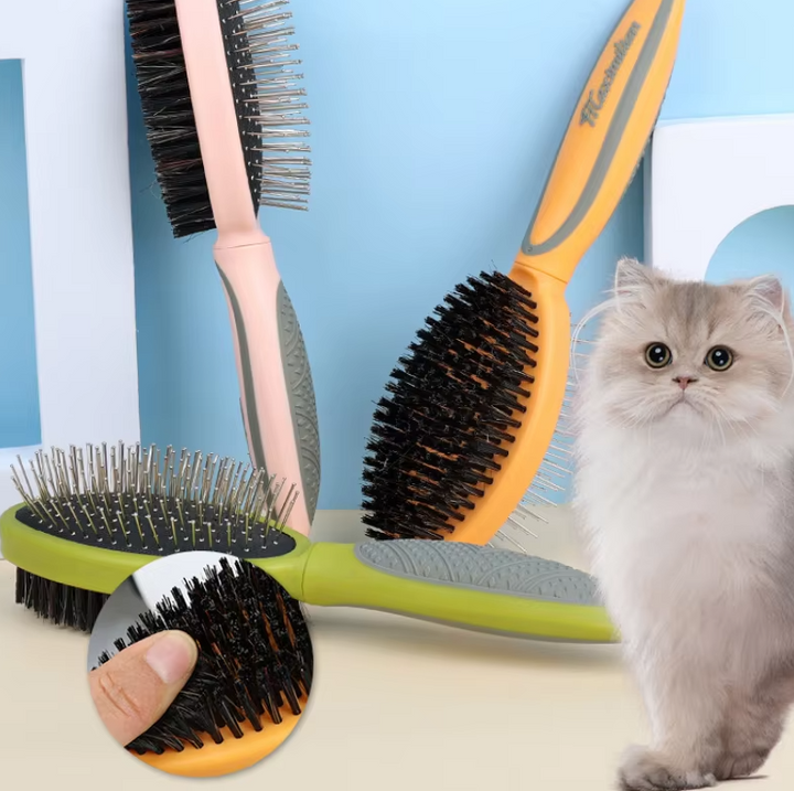"Doppelseitige Haustierbürste, weiche Borsten, Metallpins, sanfte Fellpflege für Hunde und Katzen, ergonomischer Griff"