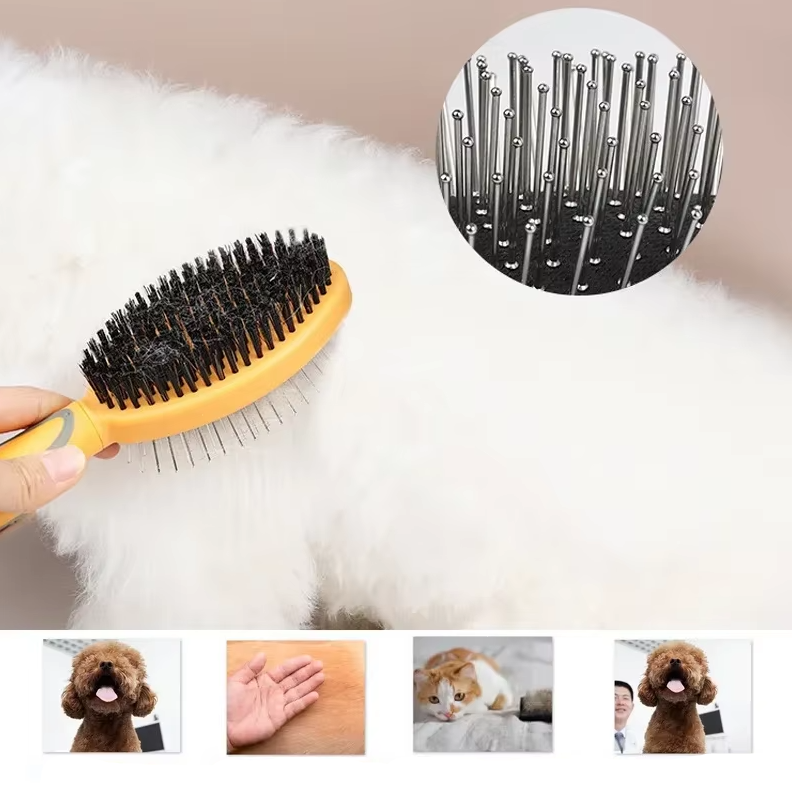 "Doppelseitige Haustierbürste, weiche Borsten, Metallpins, sanfte Fellpflege für Hunde und Katzen, ergonomischer Griff"