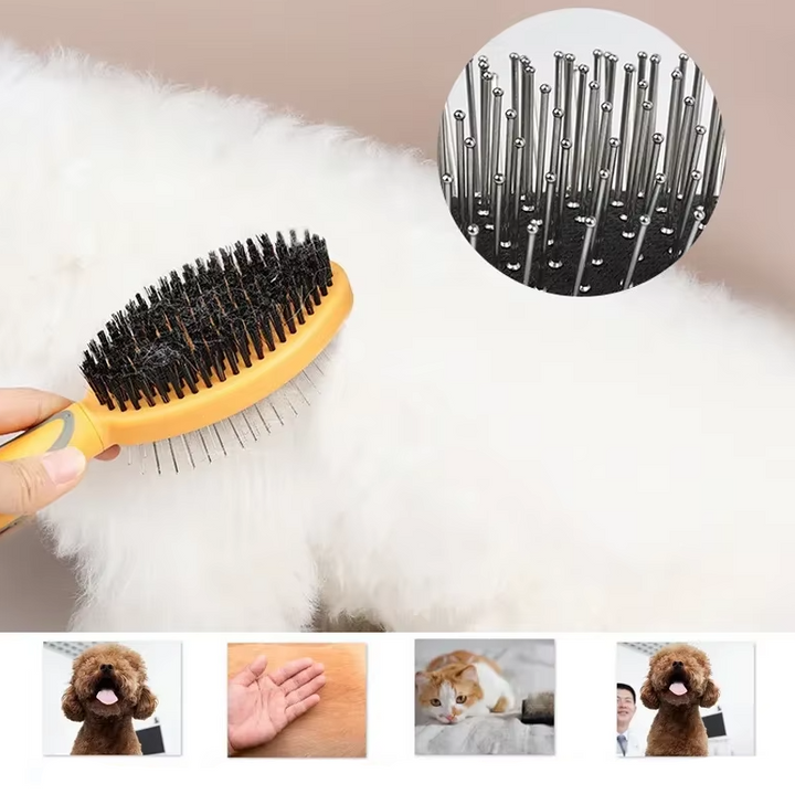 "Doppelseitige Haustierbürste, weiche Borsten, Metallpins, sanfte Fellpflege für Hunde und Katzen, ergonomischer Griff"