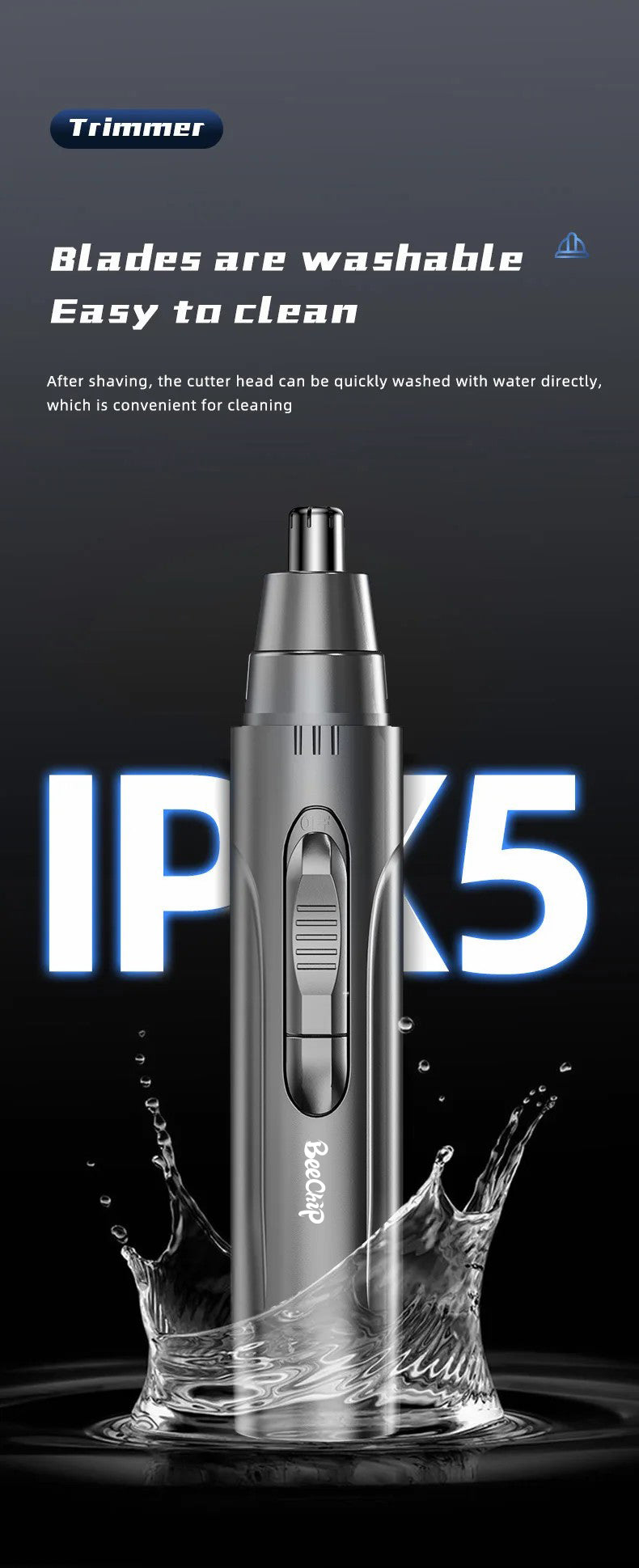 Wasserdichter Nasenhaarschneider, IPX5, waschbare Klingen, einfach zu reinigen, silberfarben.