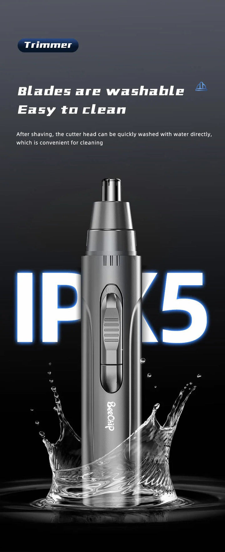 Wasserdichter Nasenhaarschneider, IPX5, waschbare Klingen, einfach zu reinigen, silberfarben.