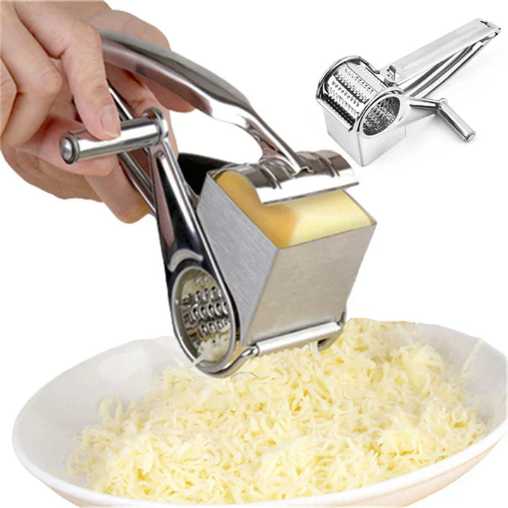 "Drehbare Käsereibe mit Handkurbel und Edelstahl-Trommeln, frontale Ansicht, ideal zum Reiben von Käse, Gemüse, Nüssen."