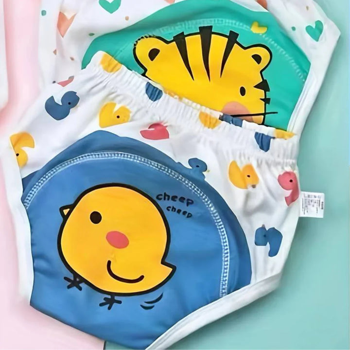 "Drei farbenfrohe Toilettentraining-Höschen mit Tiermotiven, ideal für Babys, bieten Komfort und fördern Selbstständigkeit."