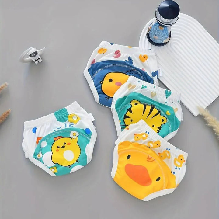 "Drei farbenfrohe Toilettentraining-Höschen mit Tiermotiven, ideal für Babys, bieten Komfort und fördern Selbstständigkeit."