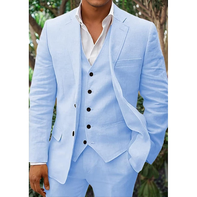 "Dreiteiliges Herren-Leinen-Set in klassischem Design - Blazer, Weste, Hose aus hochwertiger Leinenmischung, eleganter Look."