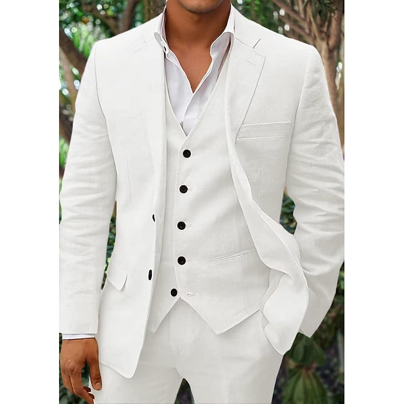"Dreiteiliges Herren-Leinen-Set in klassischem Design - Blazer, Weste, Hose aus hochwertiger Leinenmischung, eleganter Look."