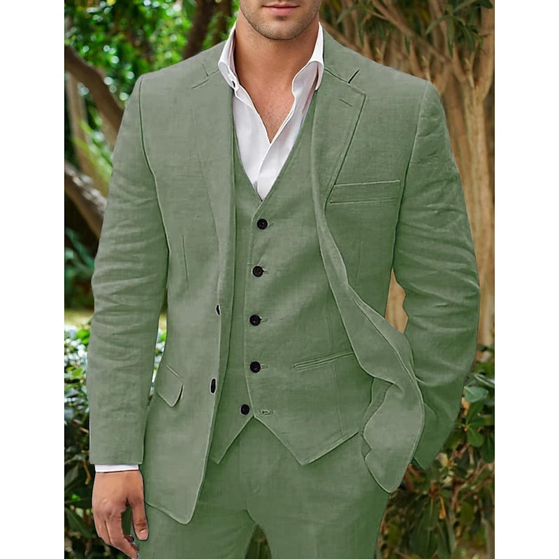"Dreiteiliges Herren-Leinen-Set in klassischem Design - Blazer, Weste, Hose aus hochwertiger Leinenmischung, eleganter Look."
