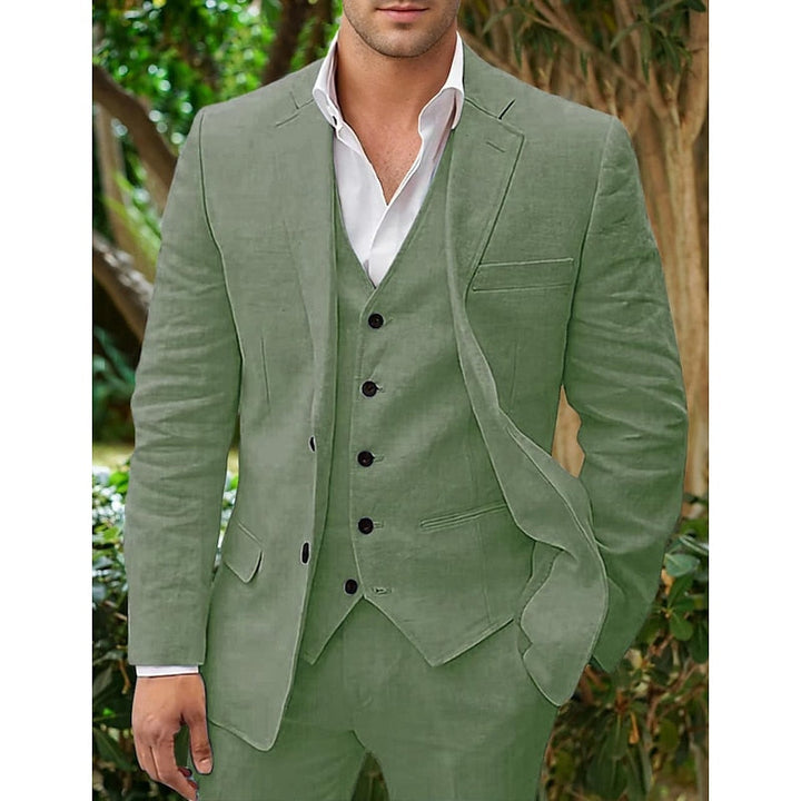 "Dreiteiliges Herren-Leinen-Set in klassischem Design - Blazer, Weste, Hose aus hochwertiger Leinenmischung, eleganter Look."