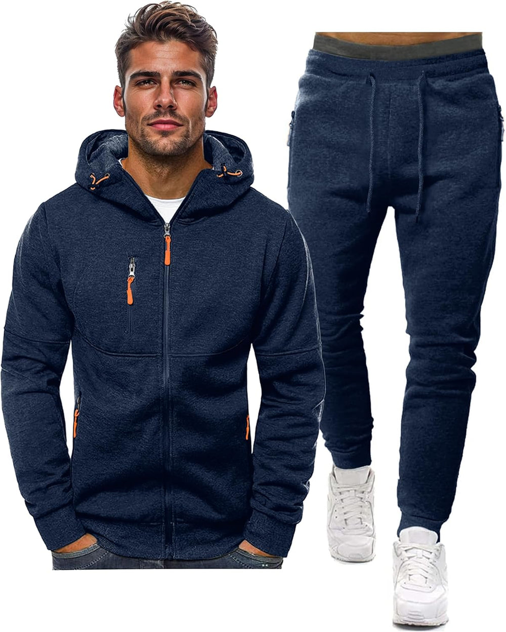 Dunkelblauer Herren-Trainingsanzug mit Kapuzenjacke und Jogginghose, sportlich, bequem.