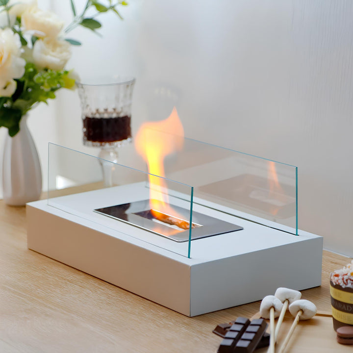 Tischkamin Bioethanol Glas Weiß Modern Dekoration Wohnzimmer Flammen Romantisch