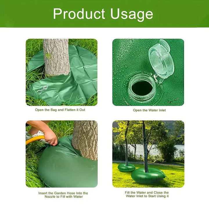 "Effektive 15/20 Gallon Baum Bewässerungstasche, grün und braun, für gleichmäßige Tropfbewässerung von Gartenbäumen."