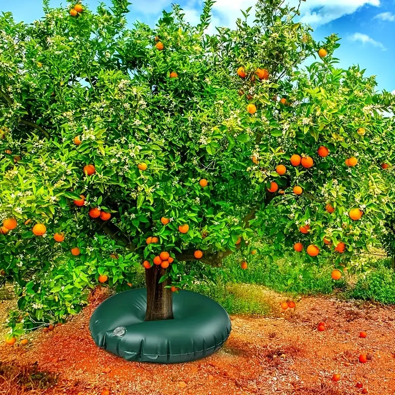 "Effektive 15/20 Gallon Baum Bewässerungstasche, grün und braun, für gleichmäßige Tropfbewässerung von Gartenbäumen."