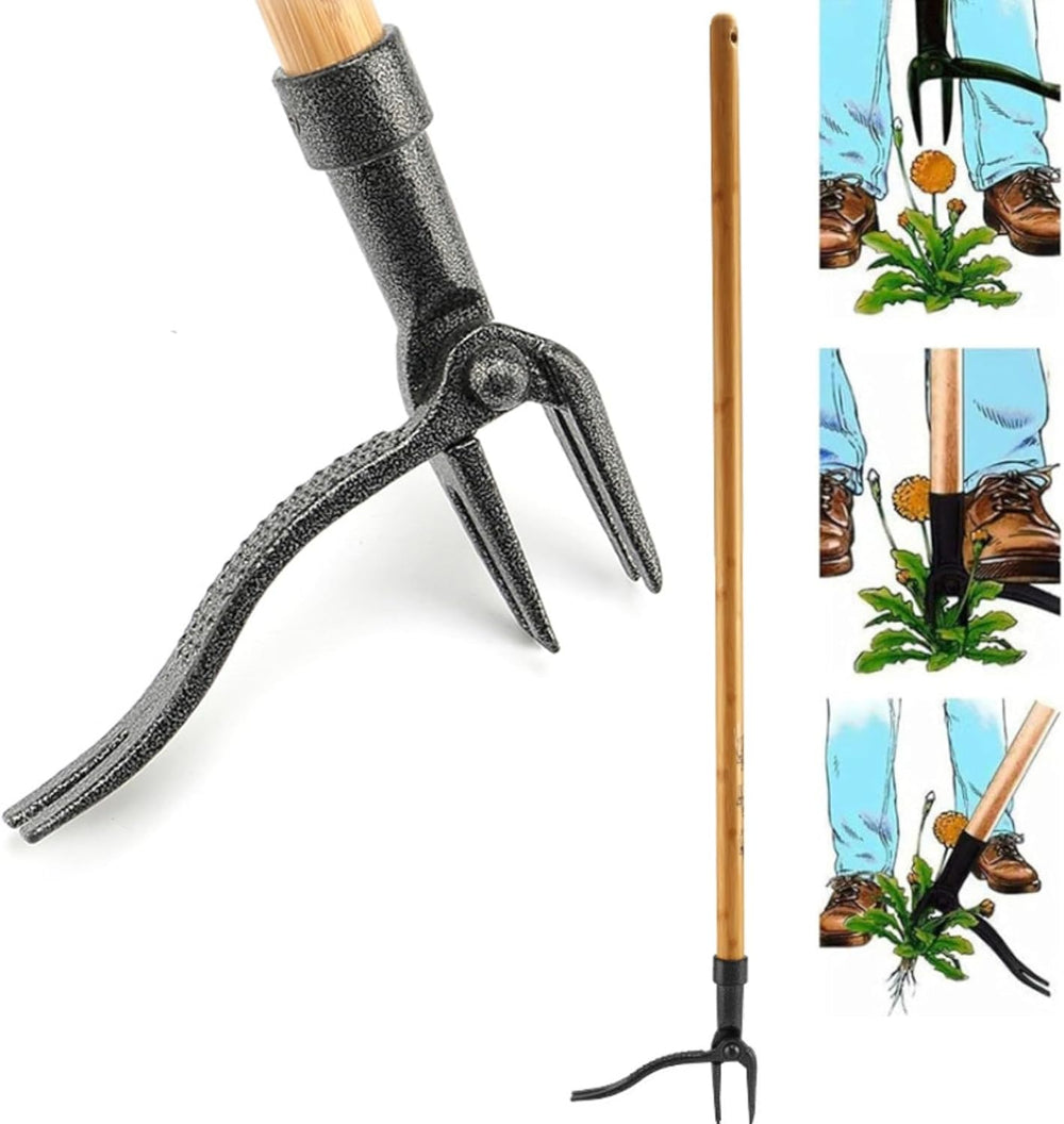 "Effektiver Unkrautzieher, 4-Krallen Kopf, Eisenwerkzeug, entfernt Wurzeln tief, robustes, ergonomisches Gartenwerkzeug"
