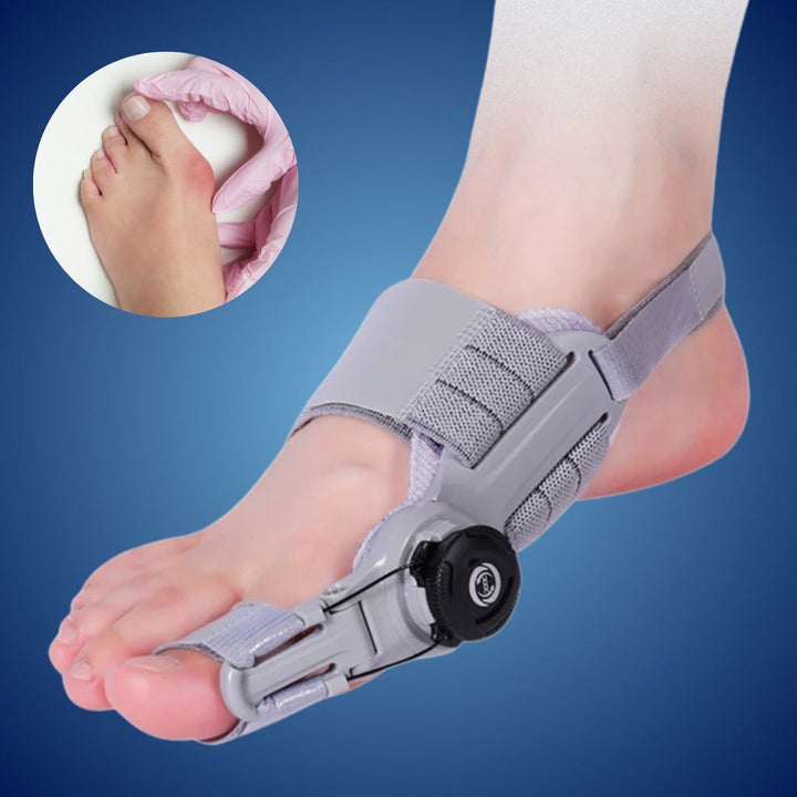 "Einstellbare Hallux Valgus Stütze, sanfte Korrektur und Schmerzlinderung, leichte atmungsaktive Materialien."