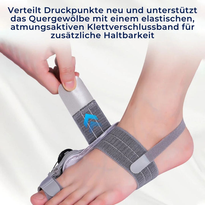 "Einstellbare Hallux Valgus Stütze, sanfte Korrektur und Schmerzlinderung, leichte atmungsaktive Materialien."
