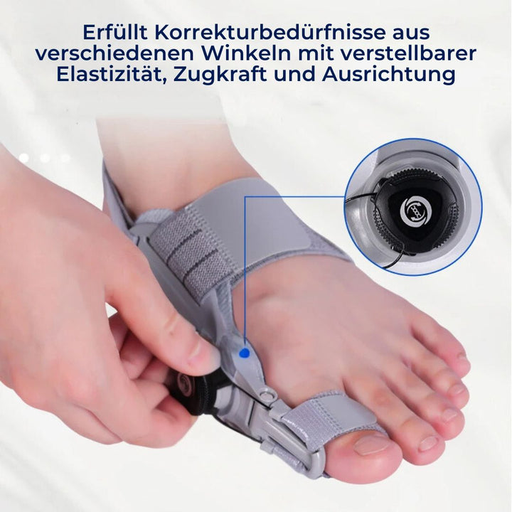 "Einstellbare Hallux Valgus Stütze, sanfte Korrektur und Schmerzlinderung, leichte atmungsaktive Materialien."