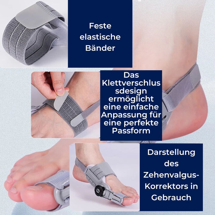 "Einstellbare Hallux Valgus Stütze, sanfte Korrektur und Schmerzlinderung, leichte atmungsaktive Materialien."