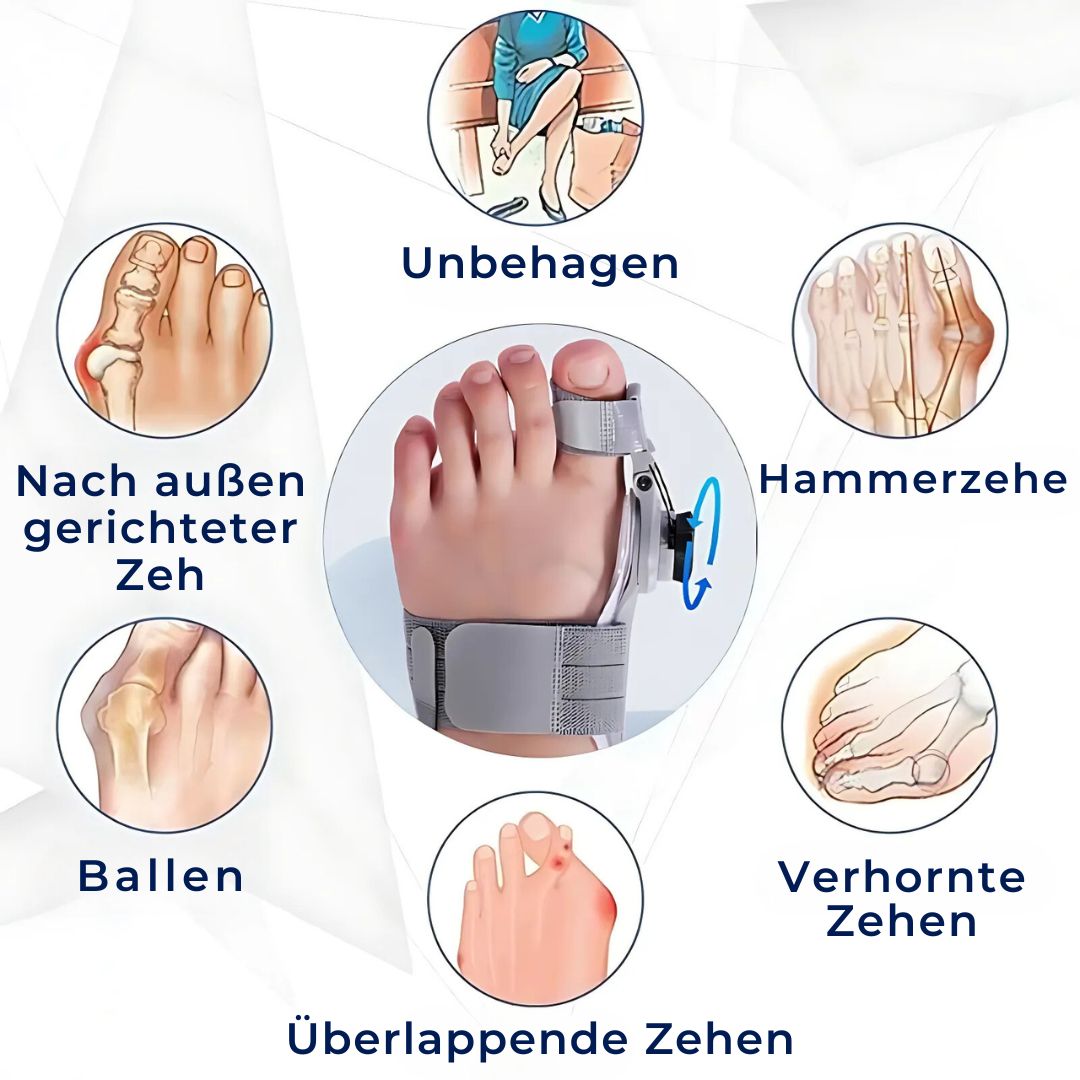 "Einstellbare Hallux Valgus Stütze, sanfte Korrektur und Schmerzlinderung, leichte atmungsaktive Materialien."