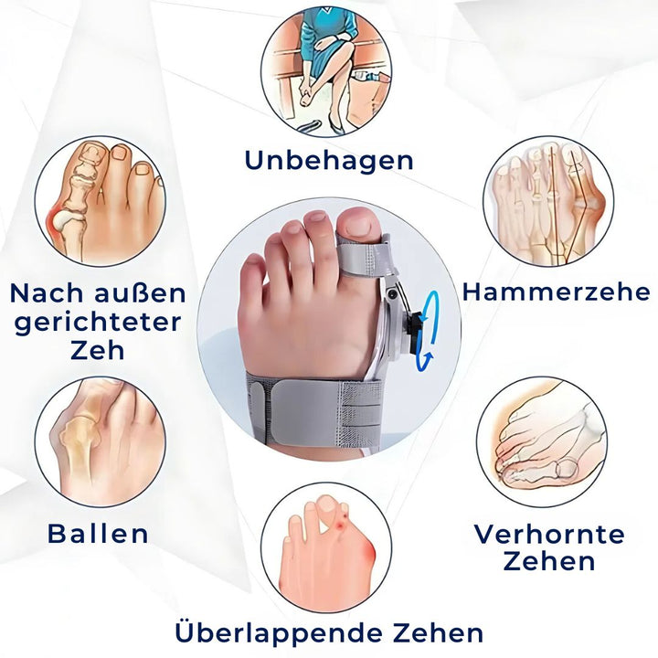"Einstellbare Hallux Valgus Stütze, sanfte Korrektur und Schmerzlinderung, leichte atmungsaktive Materialien."