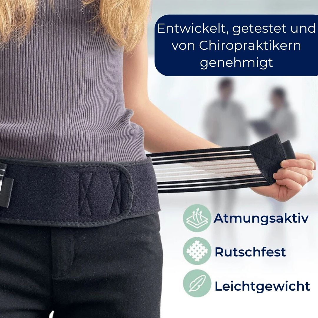 "Einstellbarer Lendenwirbelstützgürtel zur Haltungskorrektur, schwarz, für aktive Nutzung."