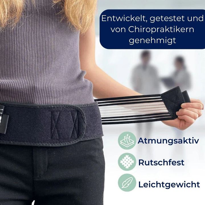 "Einstellbarer Lendenwirbelstützgürtel zur Haltungskorrektur, schwarz, für aktive Nutzung."