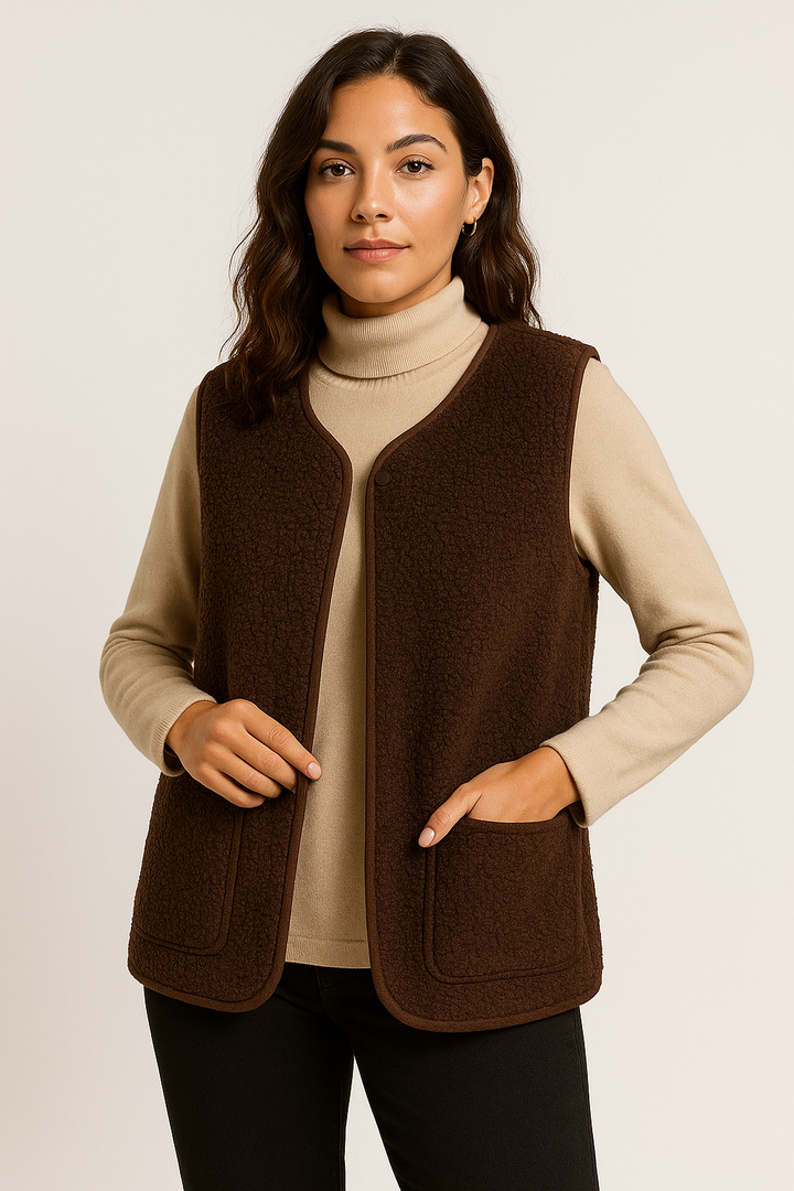 Elegante beige Plüsch-Weste für Damen, ideal für Layering im Herbst, aus weichem Material für Komfort und Stil.