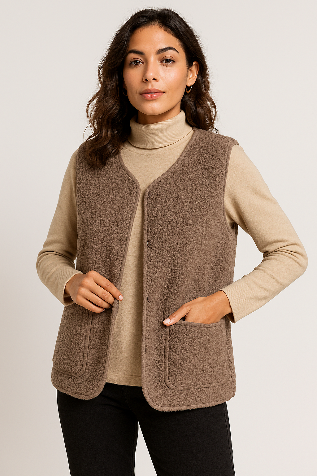 Elegante beige Plüsch-Weste für Damen, ideal für Layering im Herbst, aus weichem Material für Komfort und Stil.