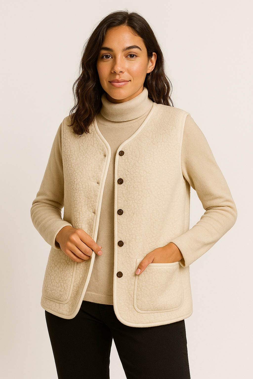 Elegante beige Plüsch-Weste für Damen, ideal für Layering im Herbst, aus weichem Material für Komfort und Stil.
