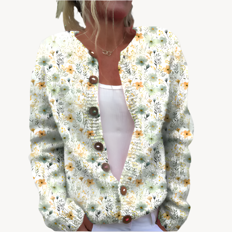 "Elegante Damen-Strickjacke mit farbenfrohem Blumenmuster, Knopfleiste und schmeichelnder Silhouette für zeitlosen Stil."