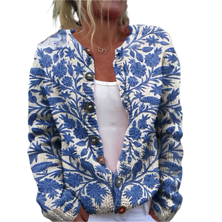"Elegante Damen-Strickjacke mit farbenfrohem Blumenmuster, Knopfleiste und schmeichelnder Silhouette für zeitlosen Stil."