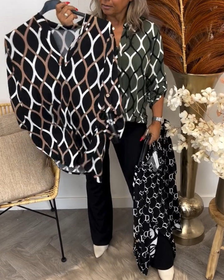 "Elegante Damenbluse mit geometrischem Muster, leichter Stoff, vielseitig für Anlässe, modernes Design, hoher Tragekomfort."