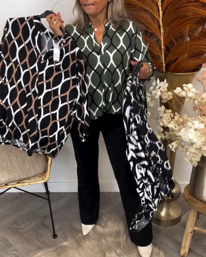 "Elegante Damenbluse mit geometrischem Muster, leichter Stoff, vielseitig für Anlässe, modernes Design, hoher Tragekomfort."