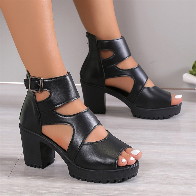 Elegante Damsandalen mit beiger Peep-Toe-Design, hohem Chunky-Absatz und verstellbarem Knöchelriemen aus PU-Leder.