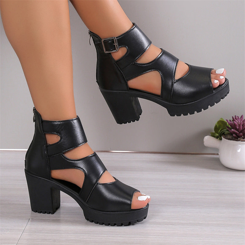 Elegante Damsandalen mit beiger Peep-Toe-Design, hohem Chunky-Absatz und verstellbarem Knöchelriemen aus PU-Leder.