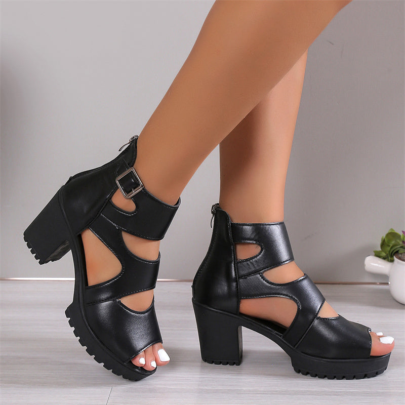 Elegante Damsandalen mit beiger Peep-Toe-Design, hohem Chunky-Absatz und verstellbarem Knöchelriemen aus PU-Leder.