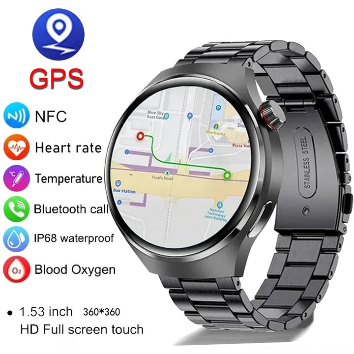 "Elegante GT4 Pro Smartwatch Herren, wasserdicht, schwarzes Gehäuse, AMOLED Display, GPS-Tracker, ideal für Sport"