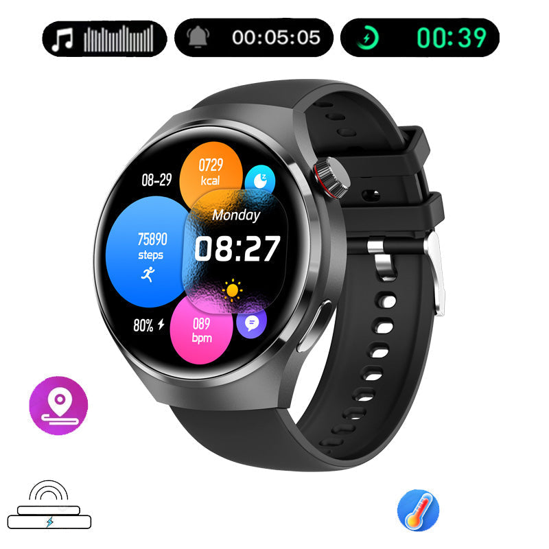 "Elegante GT4 Pro Smartwatch Herren, wasserdicht, schwarzes Gehäuse, AMOLED Display, GPS-Tracker, ideal für Sport"