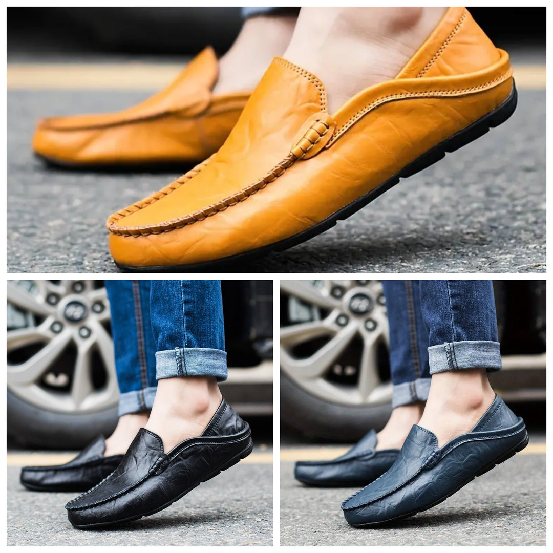 "Elegante handgefertigte italienische Lederschuhe, braunes Echtleder, klassische Slipper-Form, perfekt für Herrenmode."
