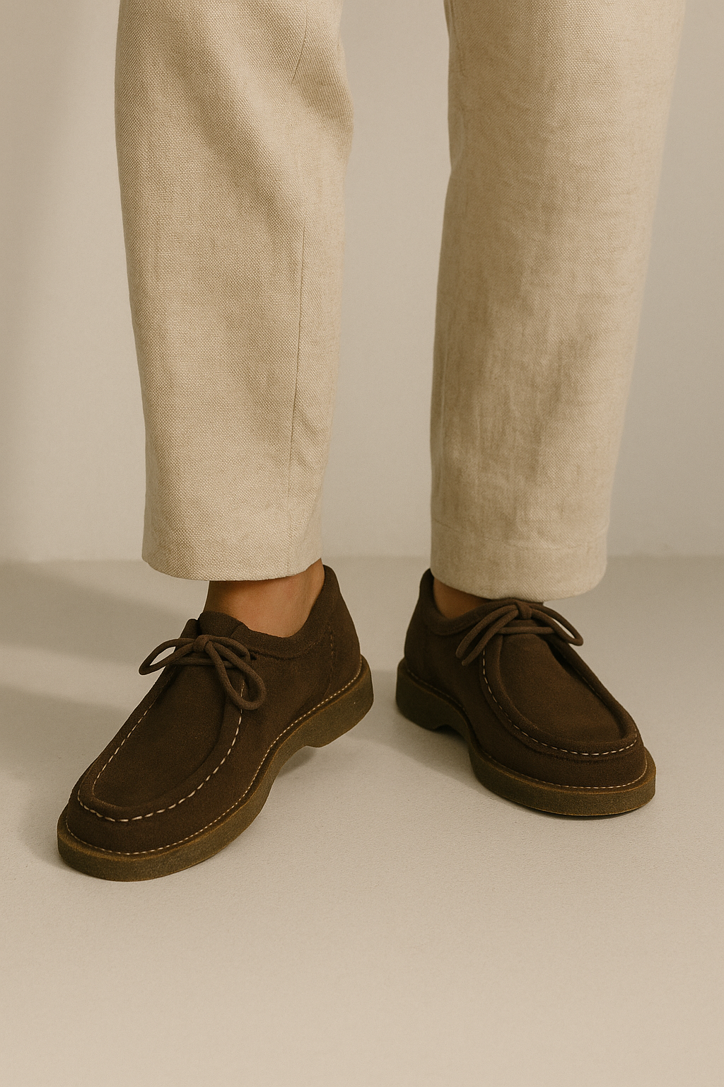 Elegante Herren-Wildleder-Schnürschuhe mit Profilsohle, rustikale Eleganz, dezente Kontrastnähte, modisch und komfortabel.