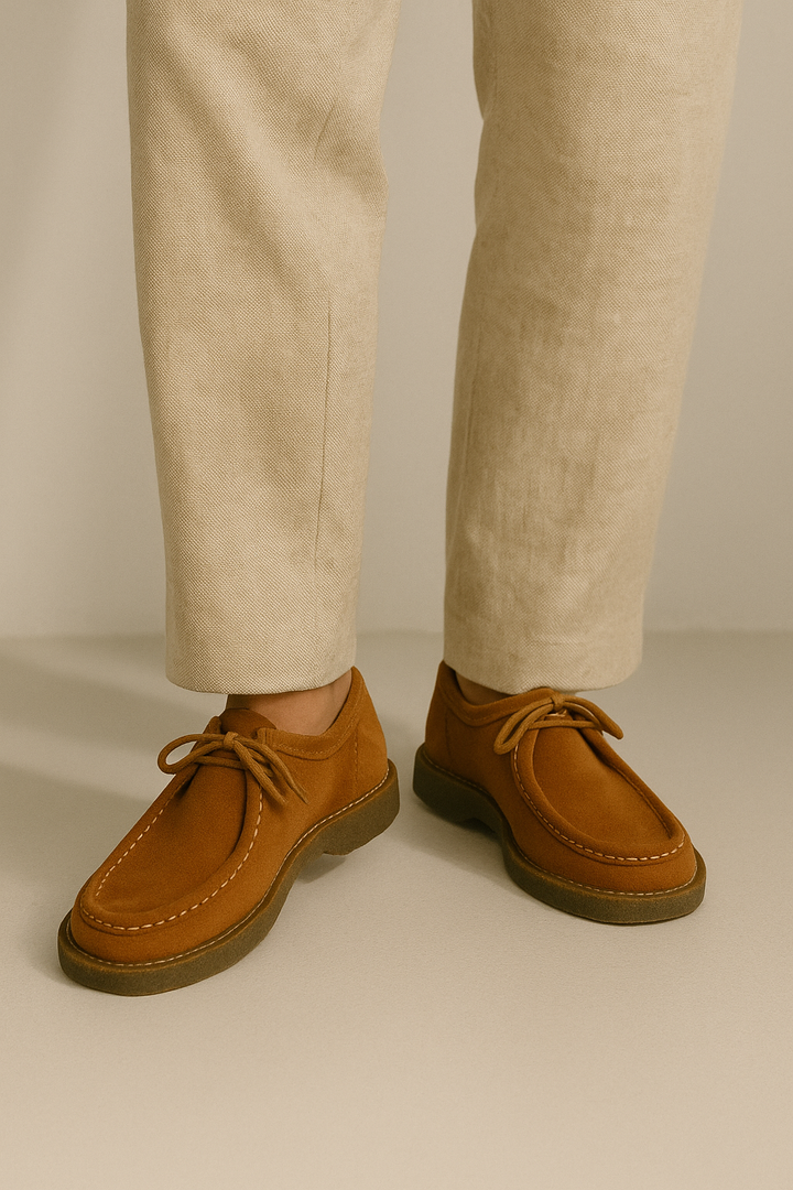 Elegante Herren-Wildleder-Schnürschuhe mit Profilsohle, rustikale Eleganz, dezente Kontrastnähte, modisch und komfortabel.