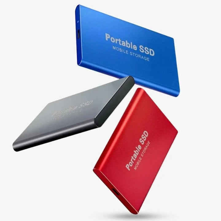 Elegante, kompakte externe SSD in Schwarz, Blau, Gold oder Rot, ideal für schnellen Datentransfer und höchste Mobilität.