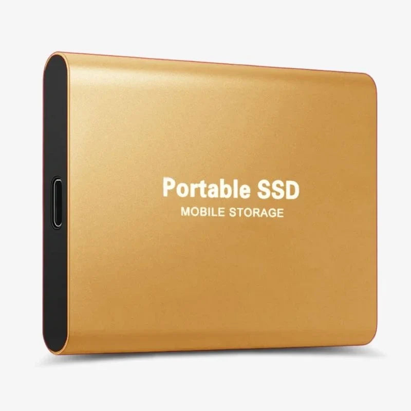 Elegante, kompakte externe SSD in Schwarz, Blau, Gold oder Rot, ideal für schnellen Datentransfer und höchste Mobilität.