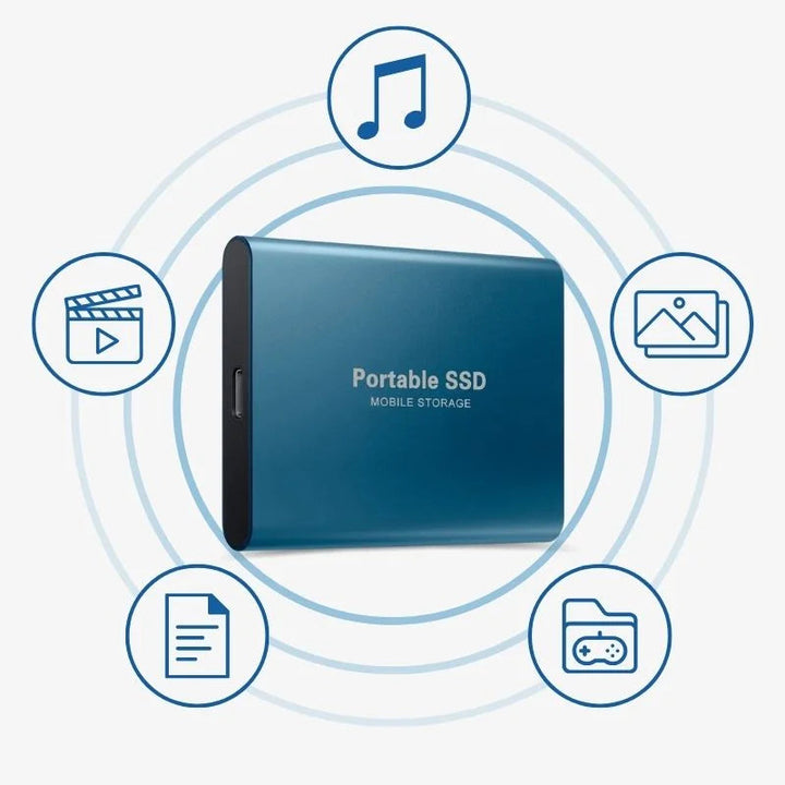 Elegante, kompakte externe SSD in Schwarz, Blau, Gold oder Rot, ideal für schnellen Datentransfer und höchste Mobilität.