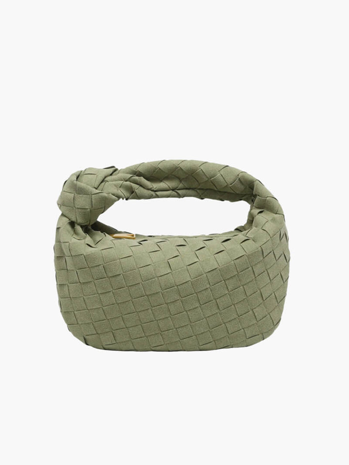"Elegante Mini-Wildledertasche mit Woven Knot-Design und goldenen Akzenten, ideal für stilvolle Outfits."