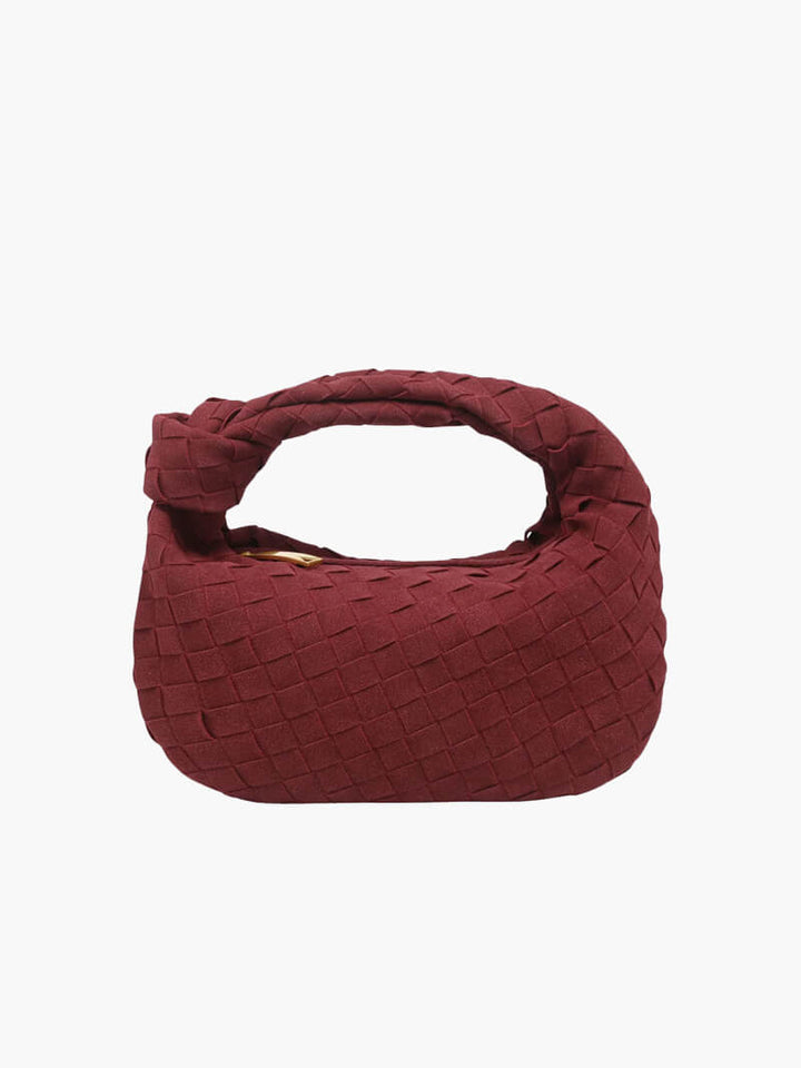 "Elegante Mini-Wildledertasche mit Woven Knot-Design und goldenen Akzenten, ideal für stilvolle Outfits."